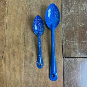 Vintage Blue White‎ Speckled Enamel Graniteware Set of 2 Serving Cooking Spoons